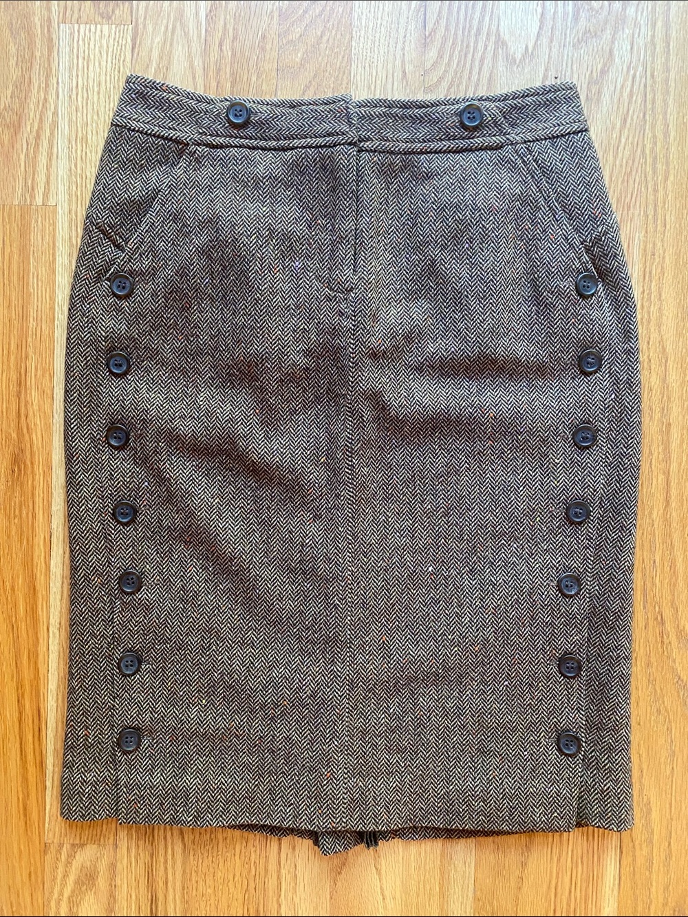 The Limited Brown Herringbone Pencil Skirt with Side Button Rows